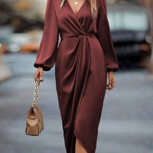 SHEIN LANTERN SLEEVE TWIST FRONT WRAP HEM SATIN DRESS RUST BROWN SIZE 6